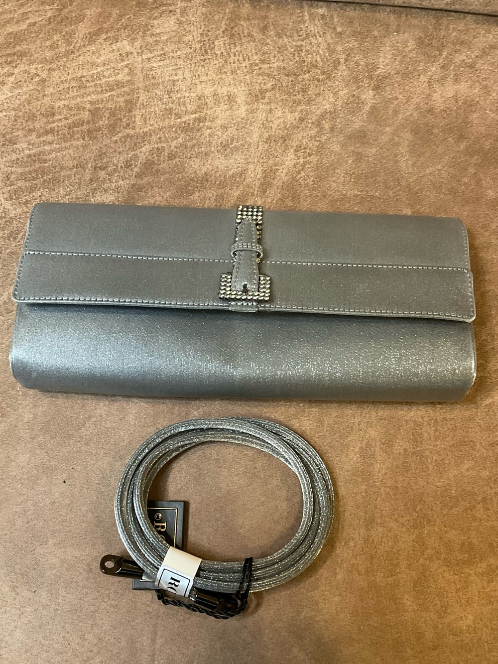 Rodo Silver Satin Clutch with Buckle Embellishment